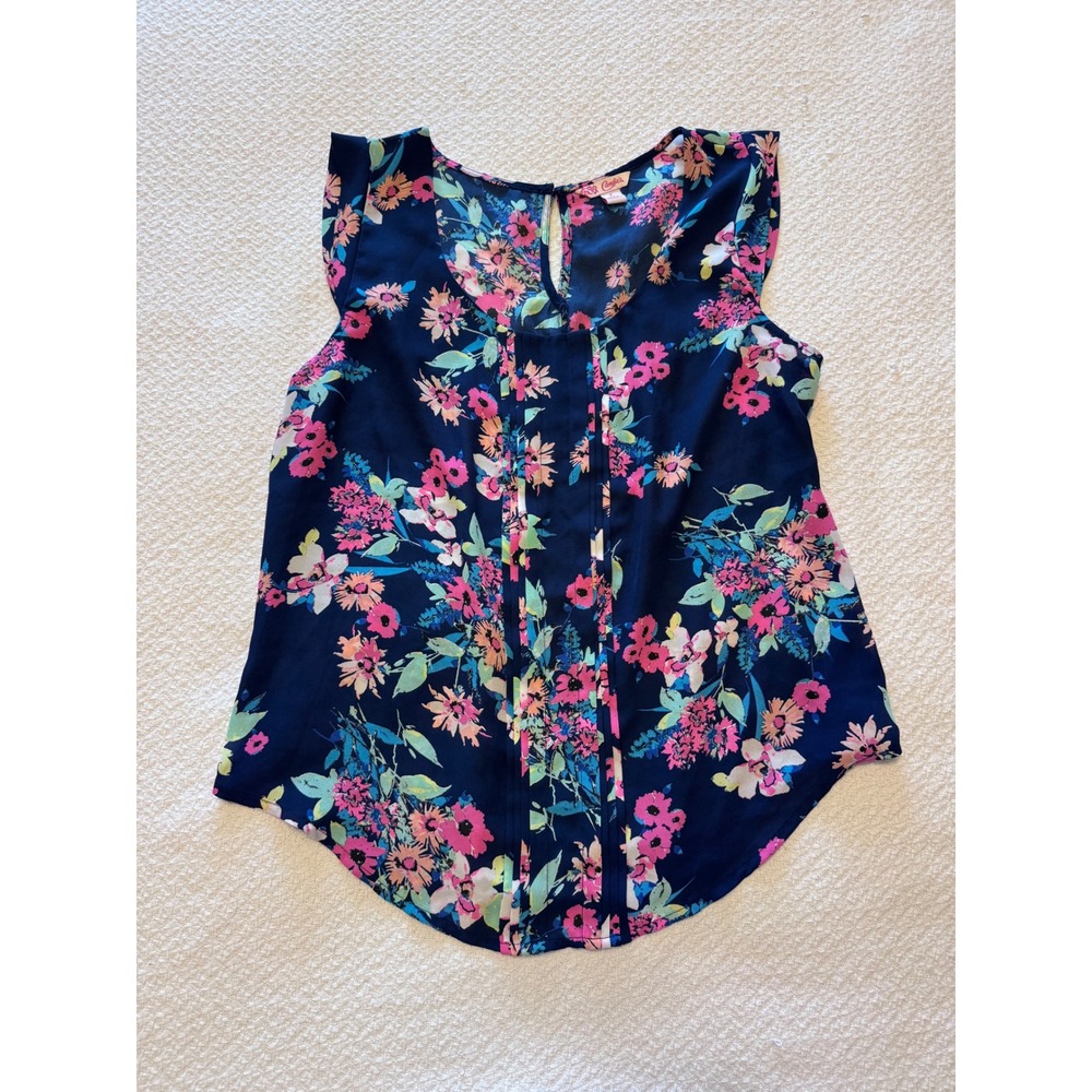 Candies Navy Blue Floral Pintuck Sleeveless Blouse Large